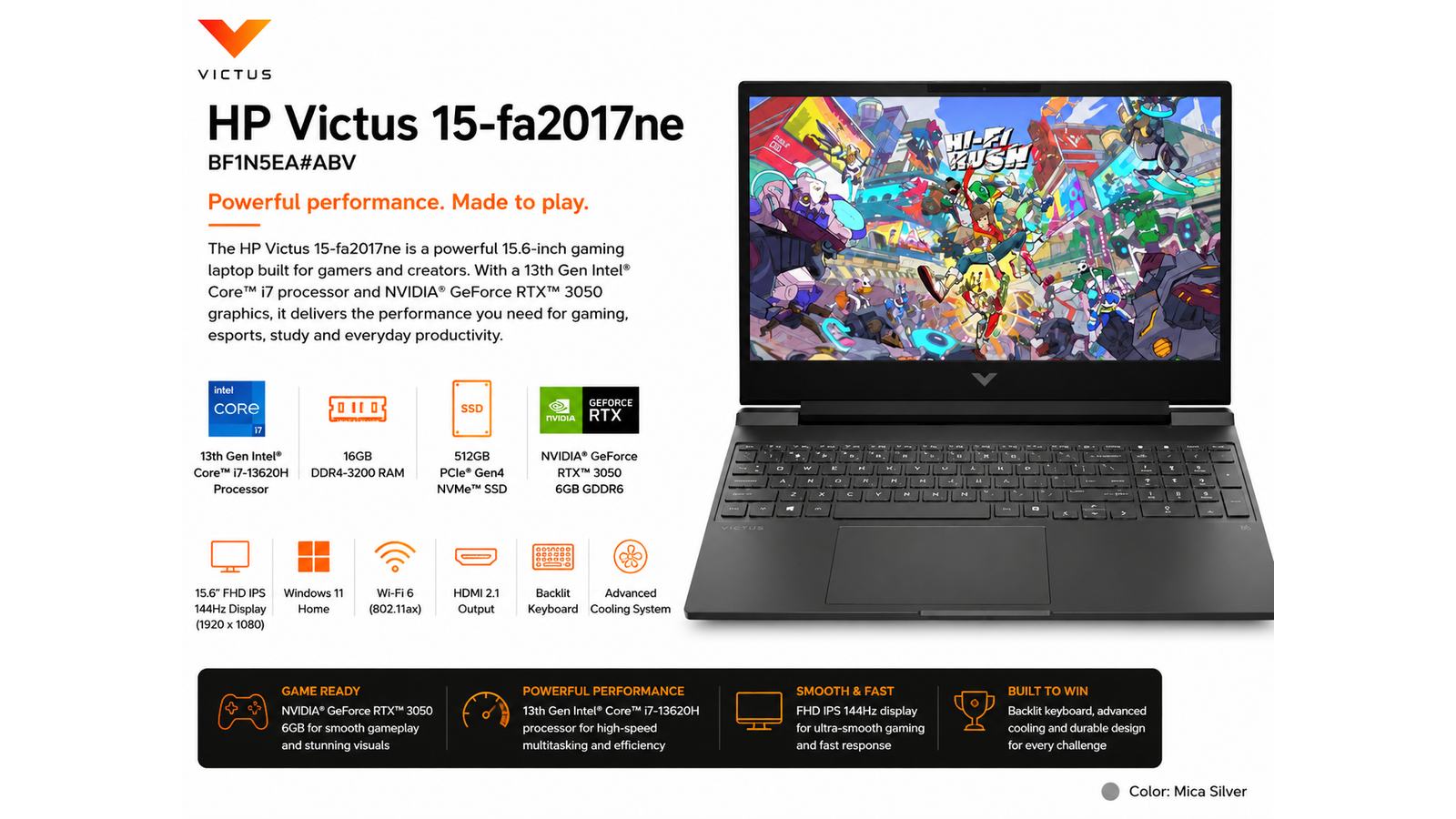 HP Victus 15-fa2017ne, HP Gaming Laptop, 15.6-inch FHD IPS 144Hz Gaming Laptop, Intel Core i7-13620H, 16GB DDR4, 512GB PCIe Gen4 NVMe SSD, NVIDIA GeForce RTX 3050 6GB, Windows 11 Home, Backlit Keyboard, Mica Silver, 1-Year Warranty | BF1N5EA#ABV